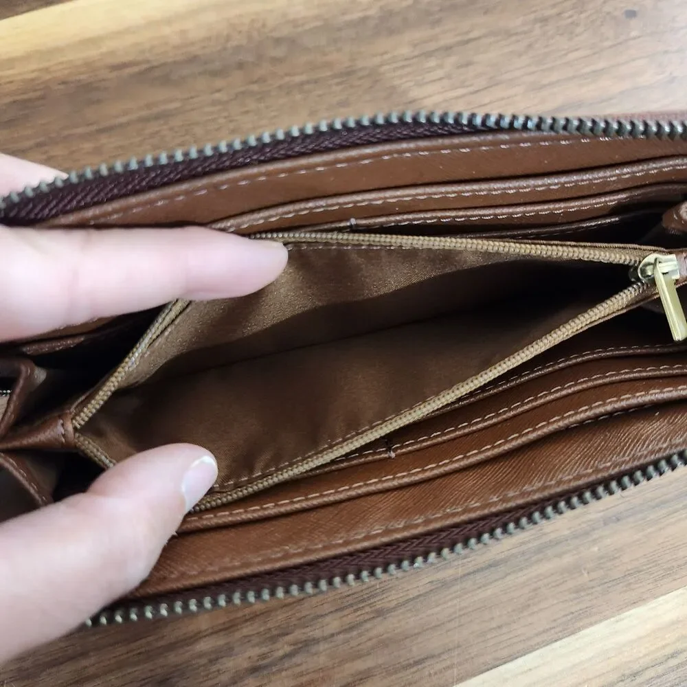 Fossil Tiegan Wallet Womens Brown Leather Zip Around Accordion Clutch Organizer
